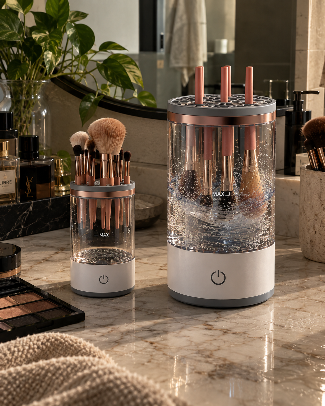 Electric makeup brush cleaner and brush holder on vanity