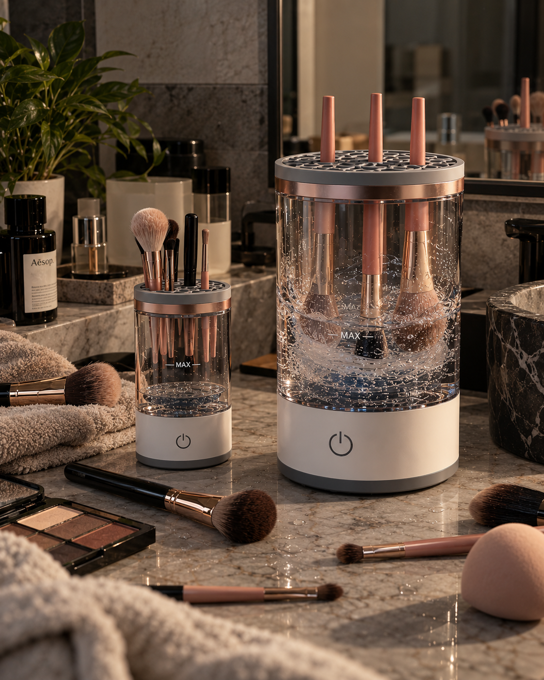 Electric makeup brush cleaner with brushes and cleaning benefits