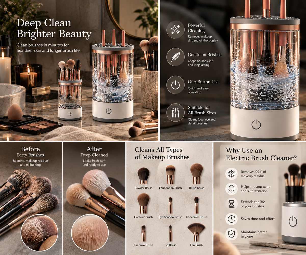 Electric makeup brush cleaner and drying holder on vanity