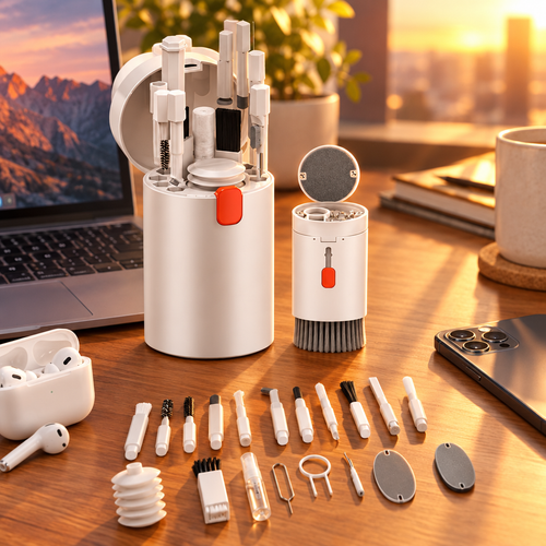 20 in 1 gadget cleaning kit on a desk with laptop and earbuds
